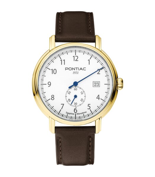 Montre PONTIAC MONOTIME Homme P20104 Analogue Cadran Saphir Blanc Bracelet Cuir Brun Boucle ardillon Etanchéité 5BAR