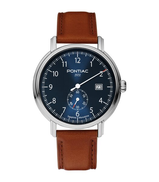 Montre PONTIAC MONOTIME Homme P20105 Analogue Cadran Saphir Bleu Bracelet Cuir Brun Boucle ardillon Etanchéité 5BAR