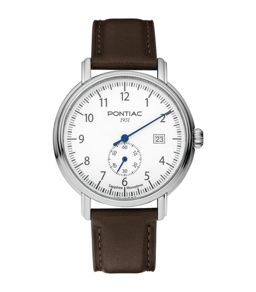 Montre PONTIAC MONOTIME Homme P20106 Analogue Cadran Saphir Blanc Bracelet Cuir Brun Boucle ardillon Etanchéité 5BAR