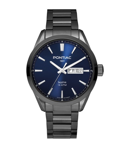 Montre PONTIAC VICTOR Homme P20110 Analogue Cadran Saphir Bleu Bracelet Acier Noir Boucle déployante Etanchéité 10BAR