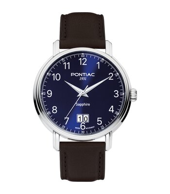 Montre PONTIAC ERIC Homme P20122 Analogique Cadran Saphir Bleu Bracelet Cuir Brun Boucle ardillon Etanchéité 5 ATM