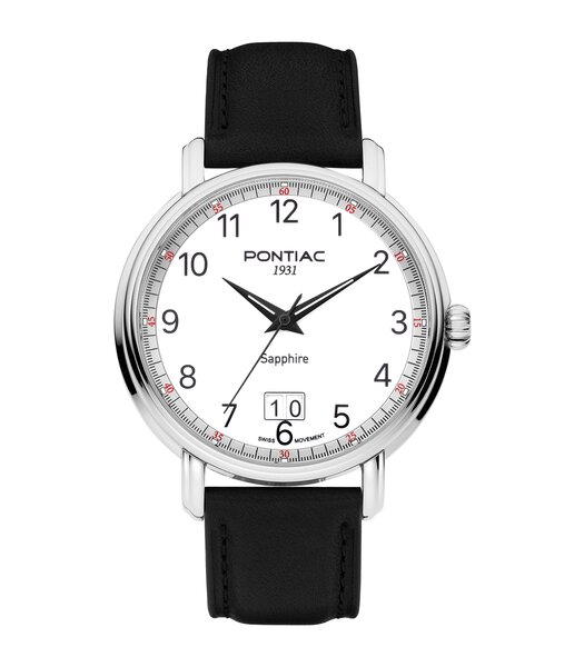 Montre PONTIAC ERIC Homme P20125 Analogue Cadran Saphir Blanc Bracelet Cuir Noir Boucle ardillon Etanchéité 5BAR