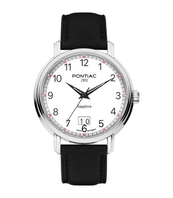 Montre PONTIAC ERIC Homme P20125 Analogue Cadran Saphir Blanc Bracelet Cuir Noir Boucle ardillon Etanchéité 5BAR