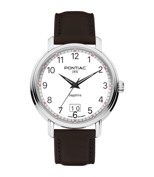 Horloge PONTIAC ERIC Heren P20126 Analoog Behuizing Saffier Wit Bracelette Leer Bruin Boucle ardillon Etanchéiteiten 5BAR