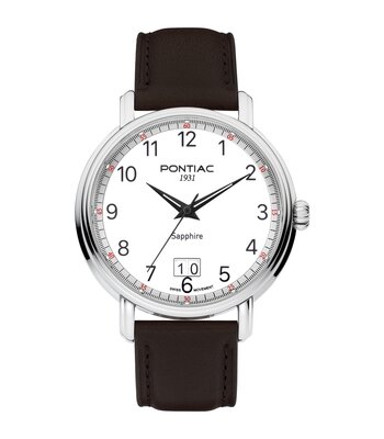Montre PONTIAC ERIC Homme P20126 Analogue Cadran Saphir Blanc Bracelet Cuir Brun Boucle ardillon Etanchéité 5BAR