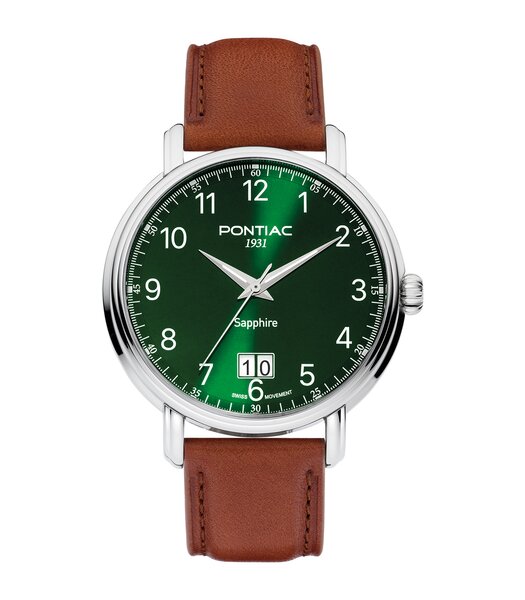 Horloge PONTIAC ERIC Heren P20127 Analoog Behuizing Saffier Groen Bracelette Leer Camel Boucle ardillon Etanchéiteiten 5 ATM