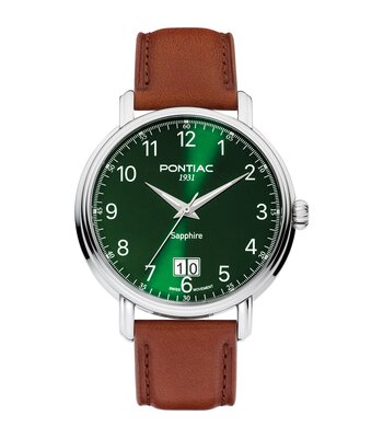 Montre PONTIAC ERIC Homme P20127 Analogique Cadran Saphir Vert Bracelet Cuir Camel Boucle ardillon Etanchéité 5 ATM