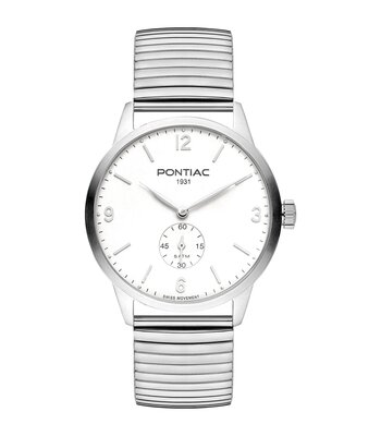 Montre PONTIAC ARTHUR Homme P20138 Analogique Cadran Saphir Blanc Bracelet Extensible Argenté Etanchéité 5 ATM