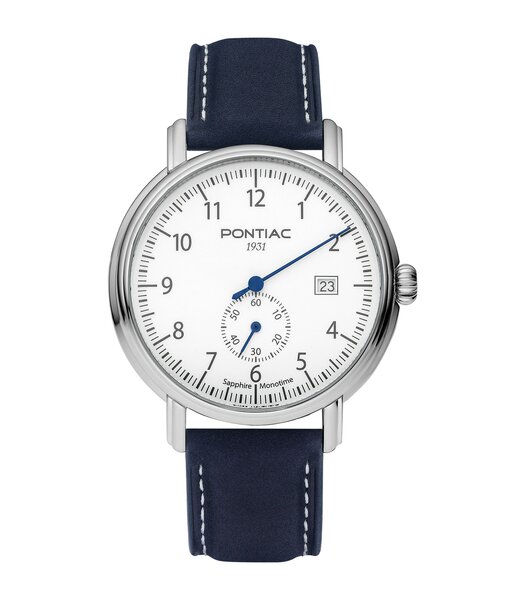 Montre PONTIAC MONOTIME Homme P20140 Analogique Cadran Saphir Blanc Bracelet Cuir Bleu Boucle ardillon Etanchéité 5 ATM