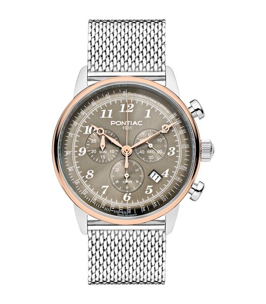 Montre PONTIAC PHOENIX Homme P40022 Analogique Cadran Saphir Brun Bracelet Milanais Argenté Clip / clasp Etanchéité 5 ATM